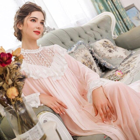 2019 New Spring Autumn Princess Nightdress Women's Long Nightgown Mesh Lace Sleepwear Long Sleeves Ladies Nightshirt Pyjamas