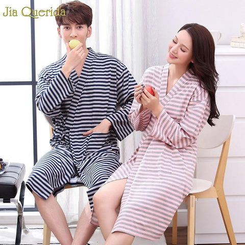 Sleep Wear Robe Men and Women Matching Bathrobe Japanese Loose Style Pajama Kimono 100% Cotton Bath Robe Long Sleeve Nightgown