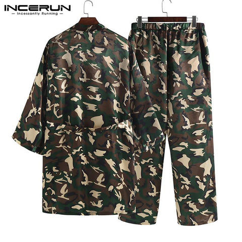 INCERUN 2019 Polyester Fashion Men Camouflage Nightgown High Quality Long Loose Bath Robes Cardigan Personal Comfortable Pajamas