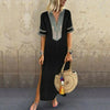 Women's Bohemian Floral Print Split Cotton Linen Maxi Dress Deep V Neck Long Sleeve Summer Casual Party Dresses Plus Size