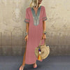 Women's Bohemian Floral Print Split Cotton Linen Maxi Dress Deep V Neck Long Sleeve Summer Casual Party Dresses Plus Size