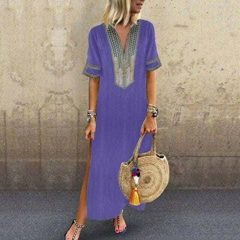 Women's Bohemian Floral Print Split Cotton Linen Maxi Dress Deep V Neck Long Sleeve Summer Casual Party Dresses Plus Size
