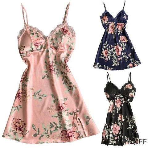 Women Summer Imitation Silk Nightdress Lingerie Vintage Floral V-Neck Lace Trim Push Up Padded Sleepwear Bowknot Camis Nightgown