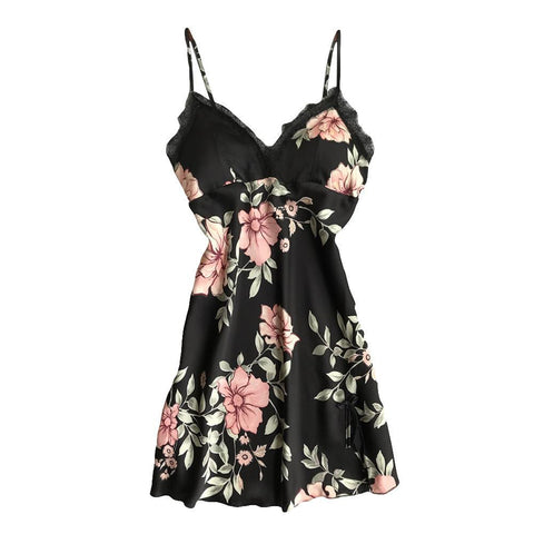 Nightgown Sexy Nightwear Vintage Floral Print Camisola Lingerie Nighty Dress Women Lace Spaghetti Strap Nightdress Clothes