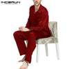 INCERUN Silk Satin Men Pajamas Set Soft Solid Homewear Long Sleeve Pants 2 Pieces Sleepwear Comfy Leisure Nightgown Set Pyjamas