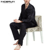 INCERUN Silk Satin Men Pajamas Set Soft Solid Homewear Long Sleeve Pants 2 Pieces Sleepwear Comfy Leisure Nightgown Set Pyjamas