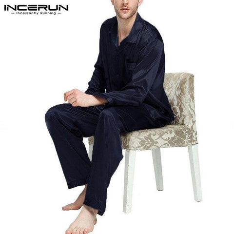 INCERUN Silk Satin Men Pajamas Set Soft Solid Homewear Long Sleeve Pants 2 Pieces Sleepwear Comfy Leisure Nightgown Set Pyjamas