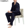 INCERUN Silk Satin Men Pajamas Set Soft Solid Homewear Long Sleeve Pants 2 Pieces Sleepwear Comfy Leisure Nightgown Set Pyjamas