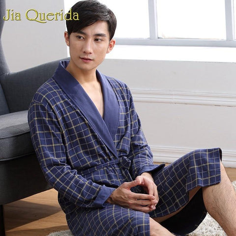 Long Sleeve Nightgown Peignoir Bathrobe Plaid Bathrobe Knitted Bath Robe Yukata Mens Cotton Sleepwear Robes Mens Robe Cotton
