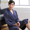 Long Sleeve Nightgown Peignoir Bathrobe Plaid Bathrobe Knitted Bath Robe Yukata Mens Cotton Sleepwear Robes Mens Robe Cotton