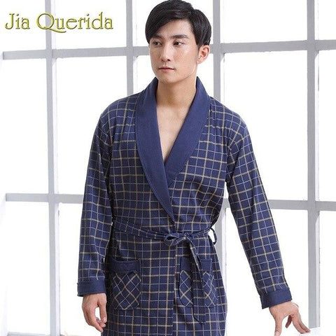 Long Sleeve Nightgown Peignoir Bathrobe Plaid Bathrobe Knitted Bath Robe Yukata Mens Cotton Sleepwear Robes Mens Robe Cotton