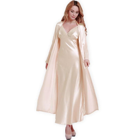 Fashion New Silk Robes + Nightdress Two-Piece Women Sleepwear Sexy Lace V-Neck Sleeping Robe Long-Sleeve Nightgowns FW001