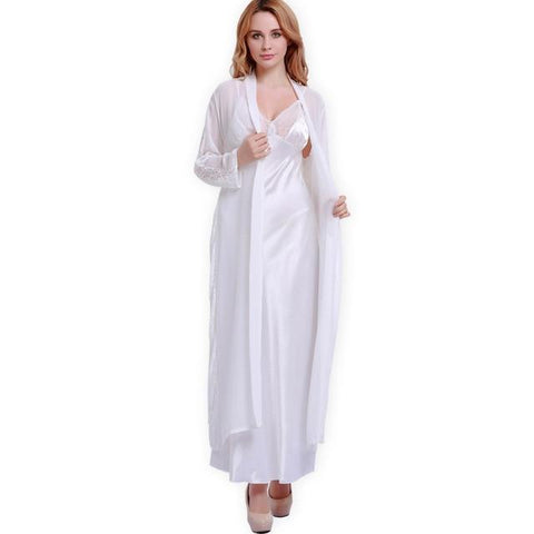 Fashion New Silk Robes + Nightdress Two-Piece Women Sleepwear Sexy Lace V-Neck Sleeping Robe Long-Sleeve Nightgowns FW001