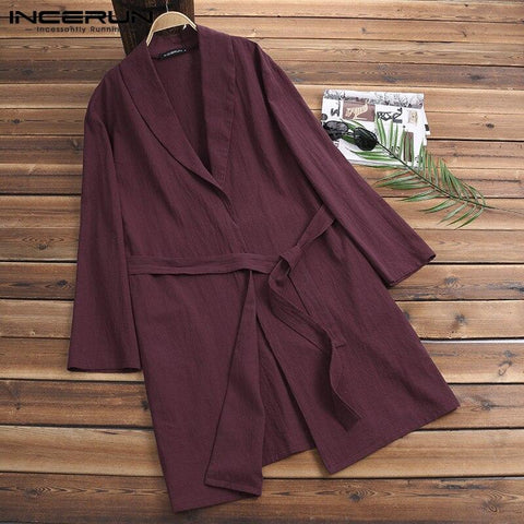 INCERUN 2019 Men Robe Cotton Pajamas Long Sleeve Loose Solid Homewear Casual Men Kimono Bathrobe Vintage Men Nightgown Sleepwear