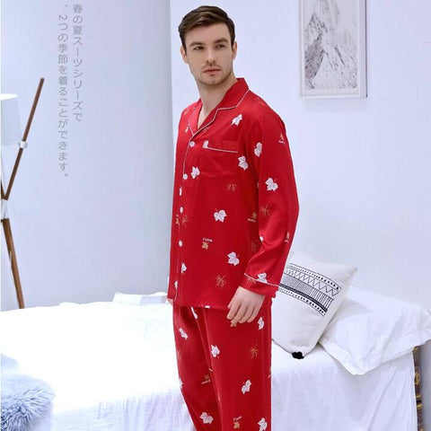 Men's Modern Style Nightgown Household Clothes Long-sleeved Ice Silk Plus Size Leisure Sleepwear 2 Pieces Fashion Homewear J027