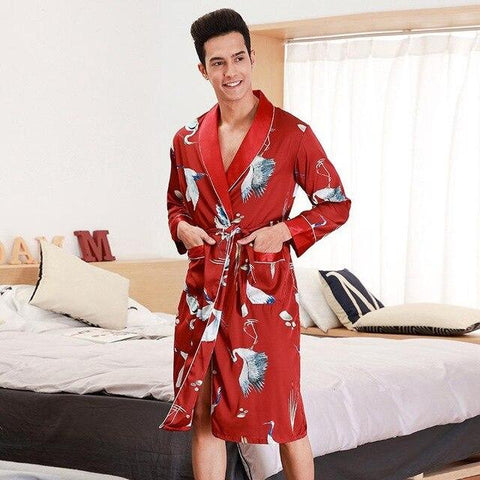 2019  Spring Autumn New Men Sleepwear Pajams Long Sleeve Nightgown Kimono Bathrobe Silky Robe Pocket Homewear
