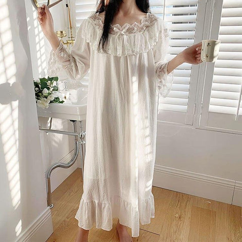 Women's Lolita Dress Princess Sleepshirts Vintage Ladies Palace Style Lace Nightgowns.Texture Cotton Nightdress Lounge Sleepwear