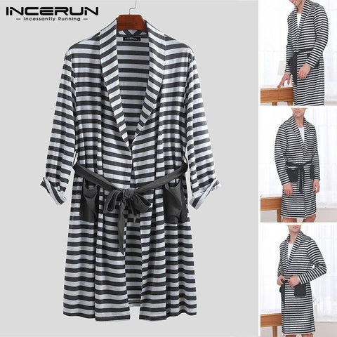 INCERUN Men's Literary Nightgown New Fashion Striped Lapel Pocket Loose Tie Long Paragraph High Quality Long Sleeve 2019 Robe