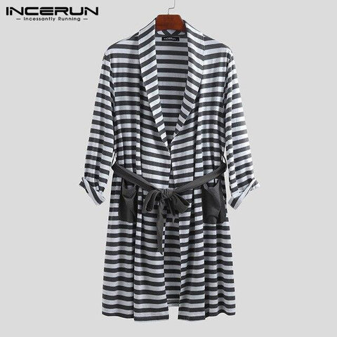 INCERUN Men's Literary Nightgown New Fashion Striped Lapel Pocket Loose Tie Long Paragraph High Quality Long Sleeve 2019 Robe