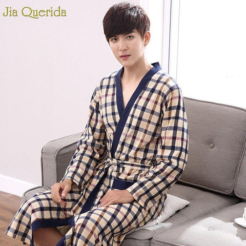 Long Sleeve Nightgown Men Bath Robes Mens Kimono Chinese 100% Cotton Plaid Sleeping Gown Bath Robe Male Spring Autumn Bathrobes