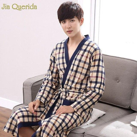 Long Sleeve Nightgown Men Bath Robes Mens Kimono Chinese 100% Cotton Plaid Sleeping Gown Bath Robe Male Spring Autumn Bathrobes