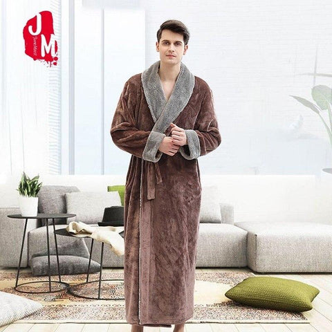 Men Casual Kimono Bathrobe Autumn Winter Flannel Long Robe Thick Warm Sleepwear Full Sleeve Nightgown Male Casual Home Wear