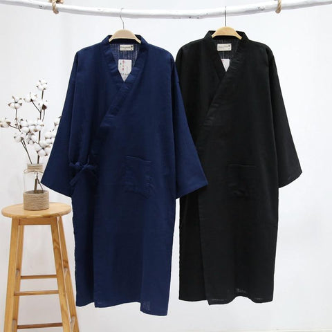 New Men's Cotton Yarn Sleeping Gown Thin Summer Cotton Kimono Bathrobe Mens Robes Long Bath Robe Loose Leisure Nightgown