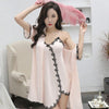 Two-piece Silk Lady's Sleepwear Pajamas Sets Night Gown Robe Set  Female Sexy Lingerie Robe Vintage Lace Dressing-gown Nightgown