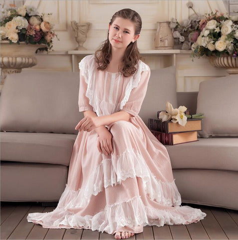 Free Shipping 2017 New Summer Princess Style Women's Long Nightgown Pink and Grey Color Sleepwear Vintage Cottonand Lace Pijamas