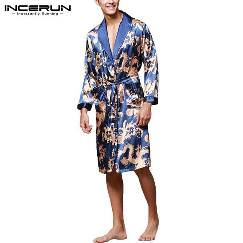 INCERUN Men Silk Robes Nightgown Chinese Dragon Print Bathrobe Long Sleeve Kimono Pajamas Sleepwear Comfy Men Long Homewear 2019