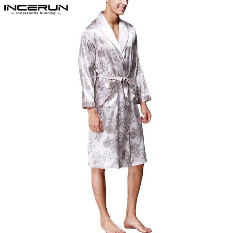 INCERUN Men Silk Robes Nightgown Chinese Dragon Print Bathrobe Long Sleeve Kimono Pajamas Sleepwear Comfy Men Long Homewear 2019