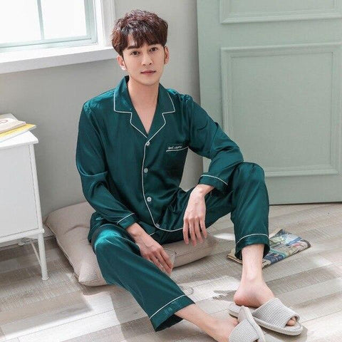 2019 New Autumn Sleepwear Male Pajama Set Soft Nightgown For Men Pyjamas Sleep Lounge Big Size M-3XL Satin Silk Pajamas Long Men