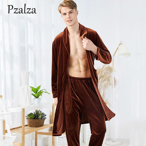 Two-Piece Mens Night Robe Winter Nightgown Robe Soft Warm Velour Male Long Robe+Pants Bathrobe Men Robe Set Belt Long Sleeve