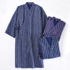 Spring New Men's Nightgown 100% Cotton Double Gauze Mens Kimono Long Sleeve Nightgown V-Neck Striped Men Sleepwear Bath Robes