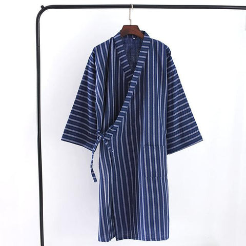 Spring New Men's Nightgown 100% Cotton Double Gauze Mens Kimono Long Sleeve Nightgown V-Neck Striped Men Sleepwear Bath Robes
