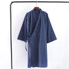 Spring New Men's Nightgown 100% Cotton Double Gauze Mens Kimono Long Sleeve Nightgown V-Neck Striped Men Sleepwear Bath Robes