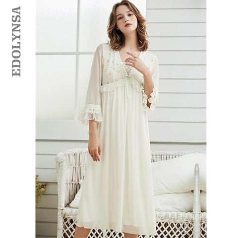 Vintage Embroidery Shawl Neck Draped Tiered Flare Sleeve Lining Night Dress Women Autumn Winter Sleepwear Long Nightgown T377