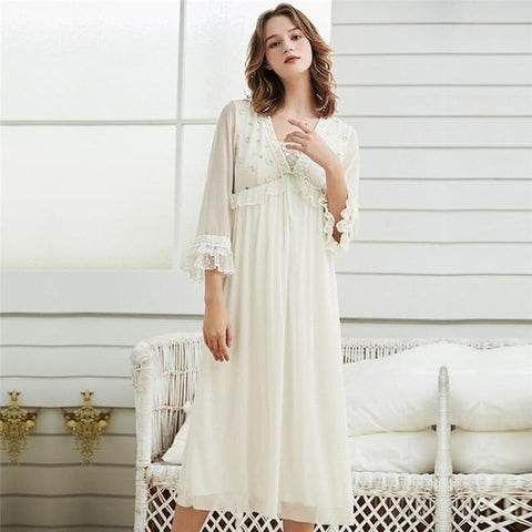 Vintage Embroidery Shawl Neck Draped Tiered Flare Sleeve Lining Night Dress Women Autumn Winter Sleepwear Long Nightgown T377