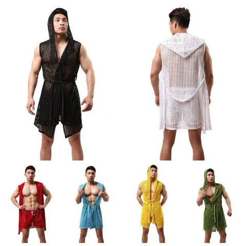 Sexy Lingerie Mens Pajamas Fishnet Transparent Hooded Bathrobe Men's Leisure Home Long Bath Robe Nightgowns Sexy Sleepwear