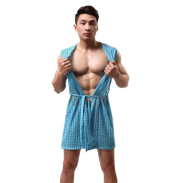 Sexy Lingerie Mens Pajamas Fishnet Transparent Hooded Bathrobe Men's L   basicutensils