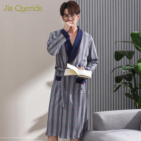 Japanese Kimono Long Sleeves 100% Cotton Brand Bathrobe High Quality Luxury Men Robe Lapel Belted Nightgown Robe Bath Robes Men