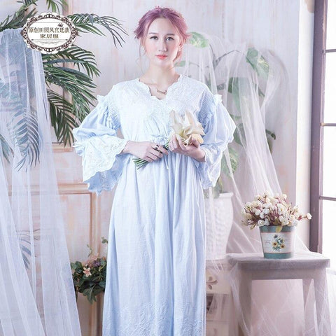 Free Shipping 2017 New Princess Women's Long Nightgown Pink White Blue Sleepwear Vintage Lace Nightdress 100% Cotton Pijamas