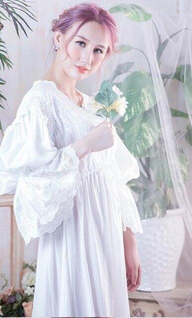 Free Shipping 2017 New Princess Women's Long Nightgown Pink White Blue Sleepwear Vintage Lace Nightdress 100% Cotton Pijamas