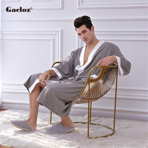 Gacloz Men Luxury Bathrobe Long Kimono Sauna Bath Robe Cotton Waffle Sleepwear Nightgown