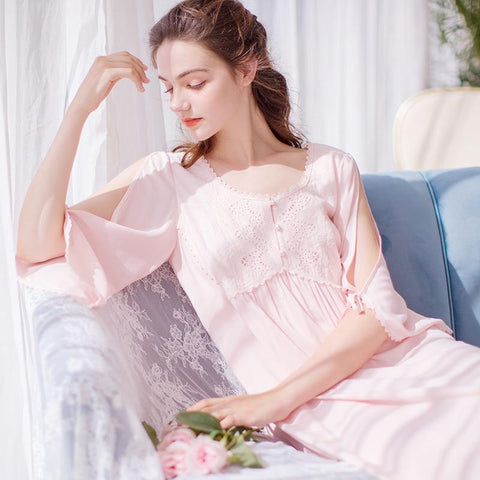 Free Shipping 2017 New Autumn Princess Style Women's Vintage Long Nightgown White and Pink Sleepwear Cotton Lace Pijamas