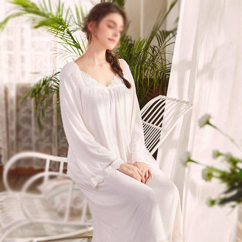 2019 Women White Pink Cotton Lace Princess Elegant Nightgowns Nightdress Sleepwear Palace Dress Vintage Long Sleeve Long Dress