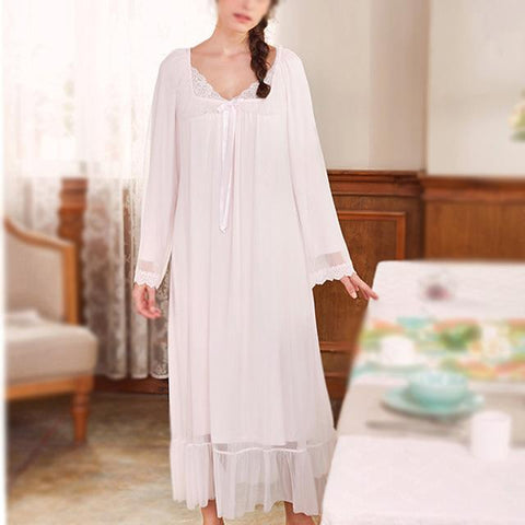 2019 Women White Pink Cotton Lace Princess Elegant Nightgowns Nightdress Sleepwear Palace Dress Vintage Long Sleeve Long Dress