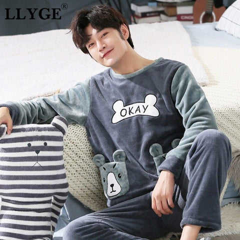LLYGE Men Flannel Cartoon Pajama Set Coral Fleece Thicken O-Neck Long Sleeve Homewear Pyjama Suit Spring Men's Pants Nightgowns