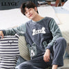 LLYGE Men Flannel Cartoon Pajama Set Coral Fleece Thicken O-Neck Long Sleeve Homewear Pyjama Suit Spring Men's Pants Nightgowns