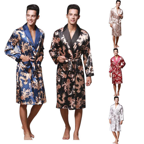 Men's Bathrobe Robe Fashion Dragon Printed Pockets Long Sleeve Sleepwear Nightgown Robe kimono homme Dressing Gown